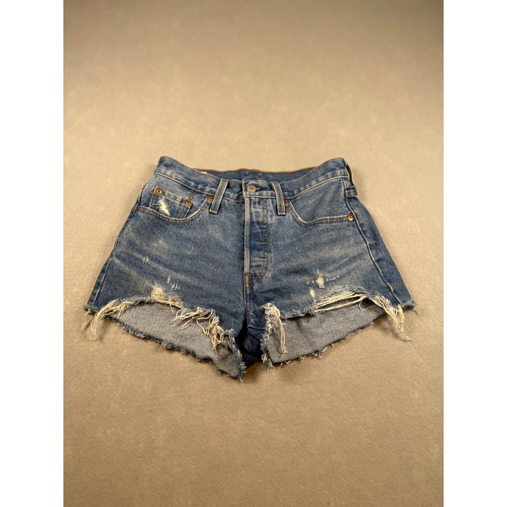 Levis 501 Original High Rise Distressed Denim Cutoff Shorts Medium Wash Blue 26